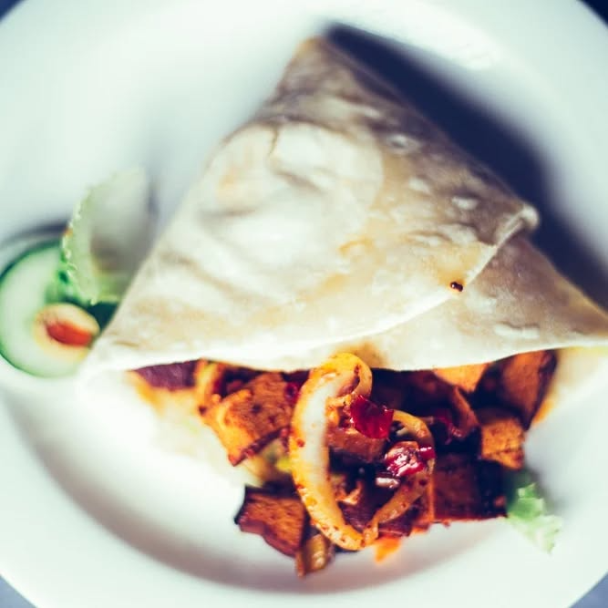 Hearty stuffed vegan wrap with vegetables - Plant-based catering